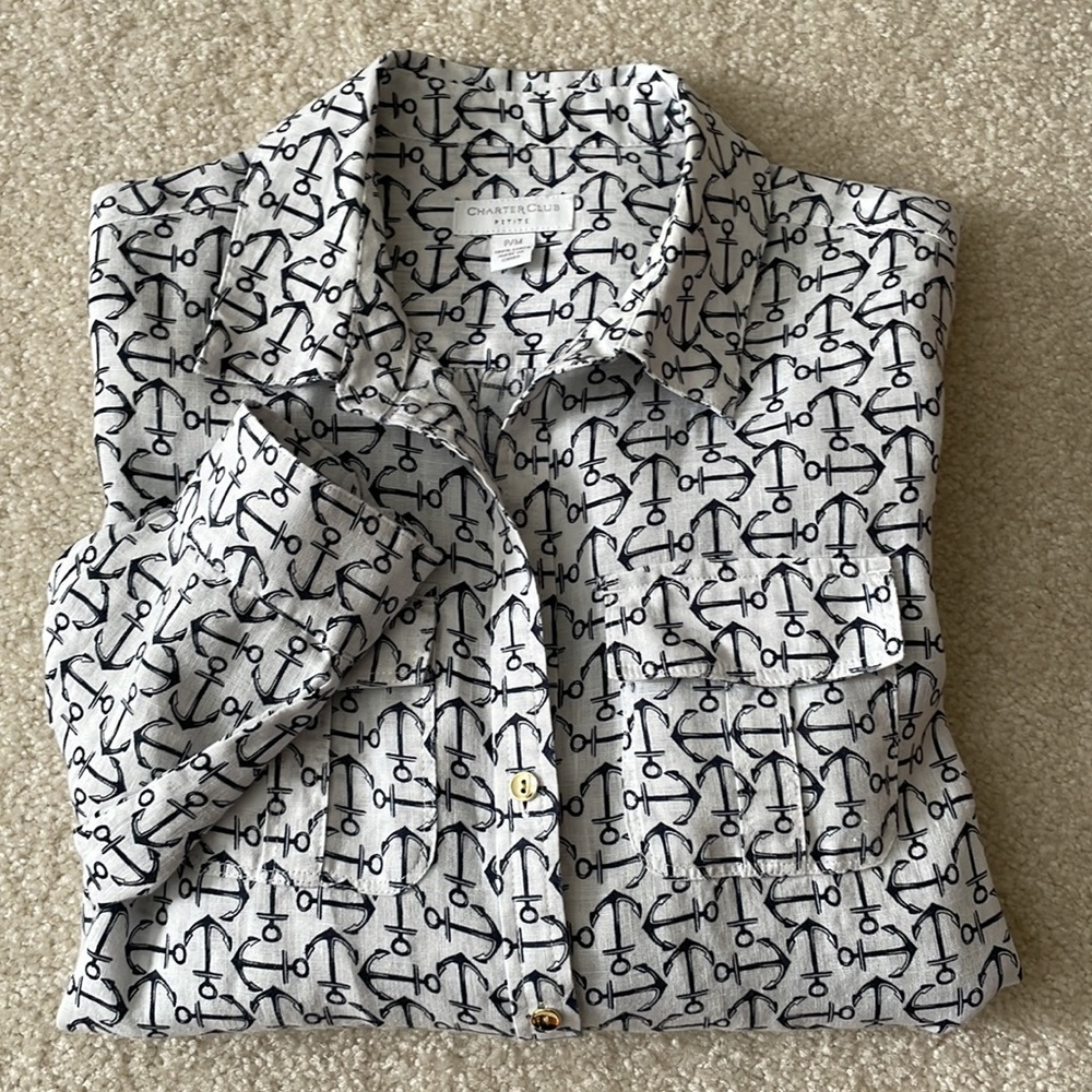 Charter Club Blouse Women’s Petite Printed Long Sleeve 100% Linen Button Down